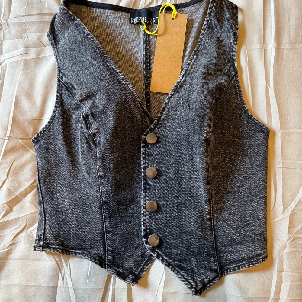 Vici Washed Black Denim Button Vest - Picture 2 of 3